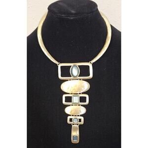 Vtg Chico’s Tara Bib Necklace Gold Tone Blue Cabochon Statement NWT